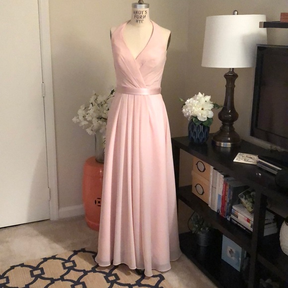 chiffon halter bridesmaid dress with tulle bow